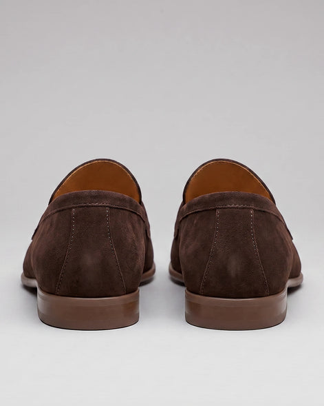 Brown Suede Loafers Men Sheepskin Penny Slip-On, Dark Brown - Valedrian — view 3