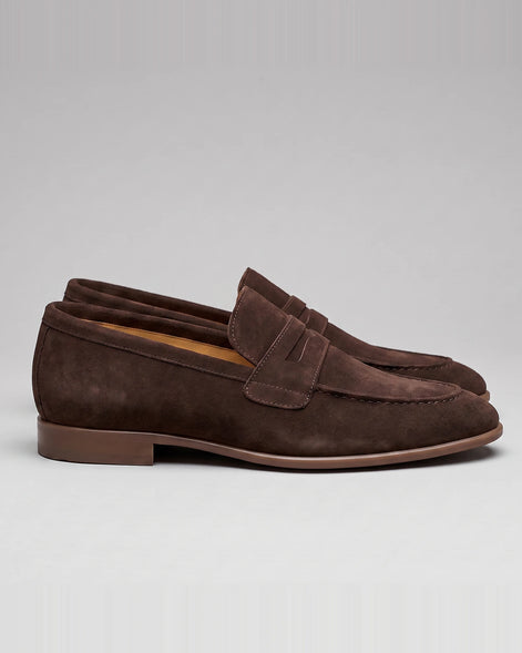 Brown Suede Loafers Men Sheepskin Penny Slip-On, Dark Brown - Valedrian — view 4