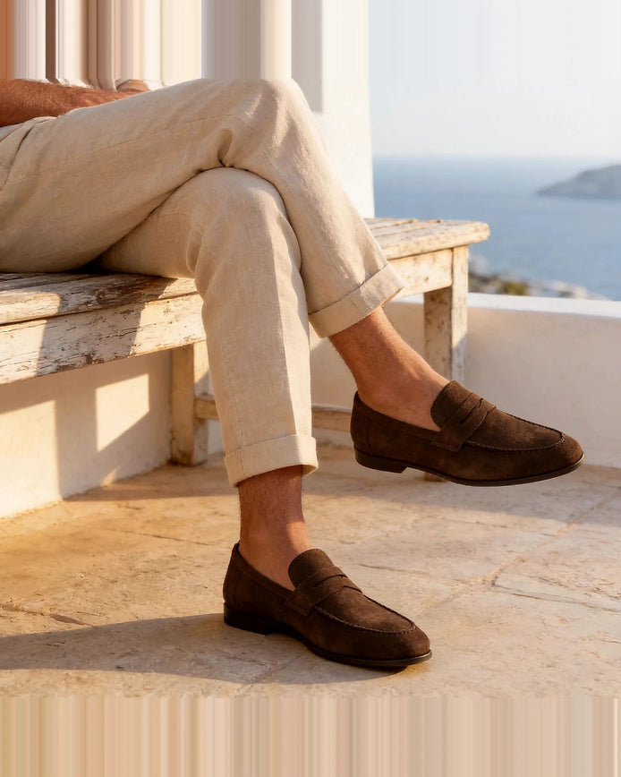 Brown Suede Penny Loafers Men PU Moccasin Slip-On | Valedrian