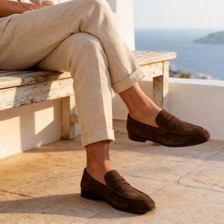 Brown Suede Penny Loafers Men PU Moccasin Slip-On | Valedrian