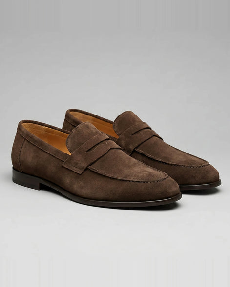 Brown Suede Penny Loafers Men PU Moccasin Slip-On | Valedrian — view 2