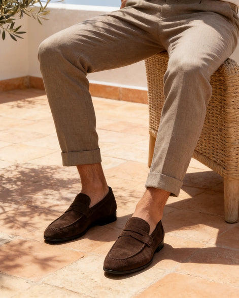 Brown Suede Penny Loafers Men PU Moccasin Slip-On | Valedrian — view 25