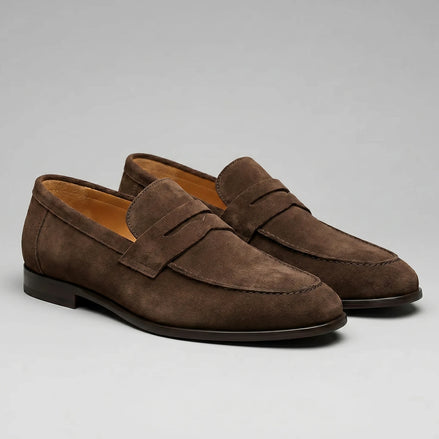 Brown Suede Penny Loafers Men PU Moccasin Slip-On | Valedrian — view 2
