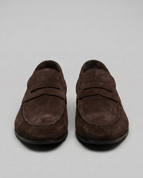 Brown Suede Penny Loafers Men PU Moccasin Slip-On | Valedrian — view 32