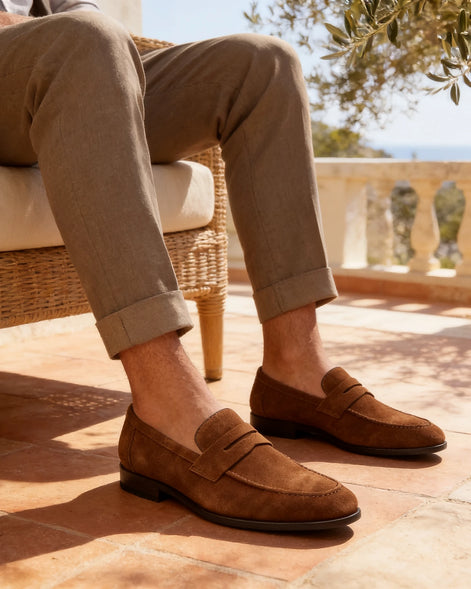 Brown Suede Penny Loafers Men PU Moccasin Slip-On | Valedrian — view 41