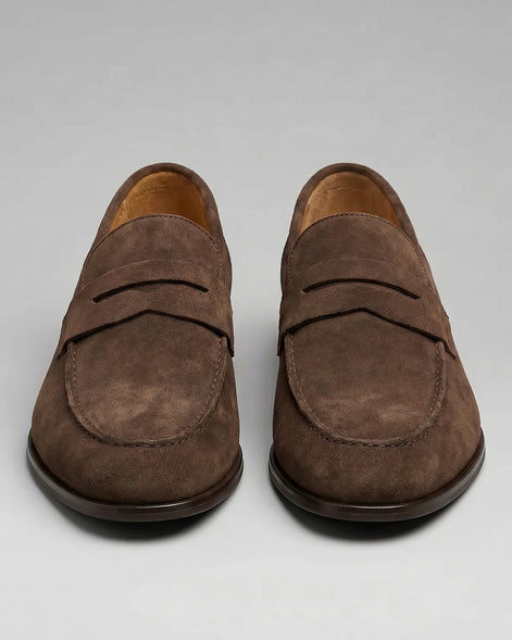 Brown Suede Penny Loafers Men PU Moccasin Slip-On | Valedrian — view 8