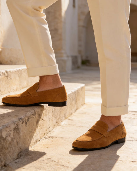 Brown Suede Penny Loafers Men PU Moccasin Slip-On | Valedrian — view 9