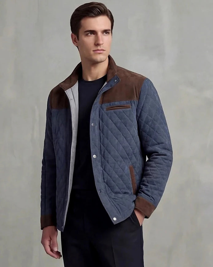Diamond Quilted Jacket Men's Stand-Up Collar Coffee Blue Smart Casual – Valedrian