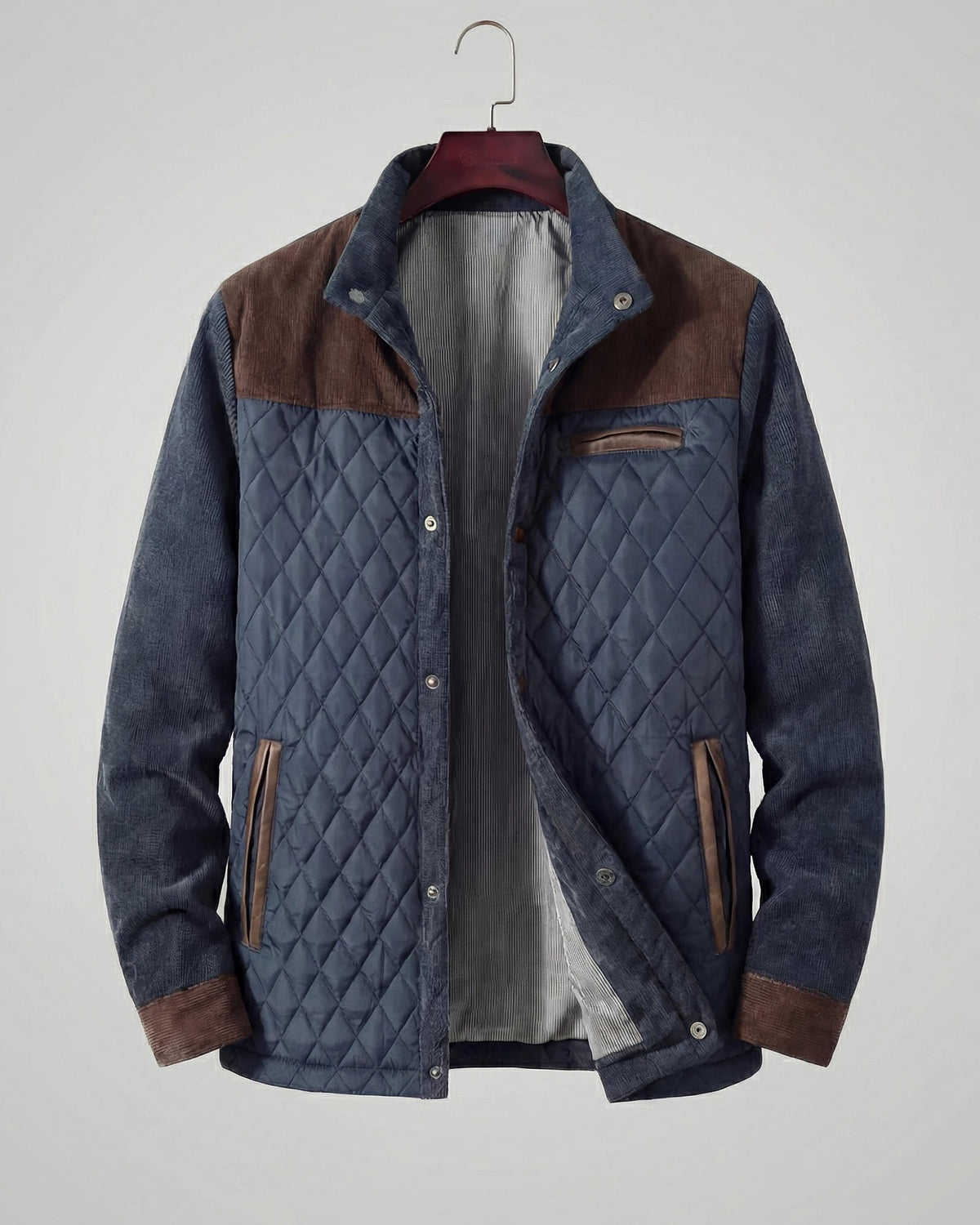 Diamond Quilted Jacket Men's Stand-Up Collar Coffee Blue Smart Casual – Valedrian — view 2
