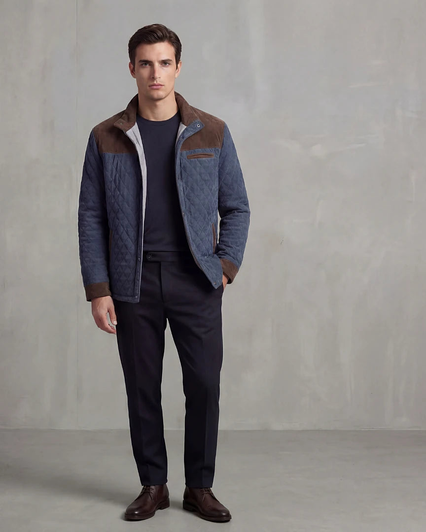 Diamond Quilted Jacket Men's Stand-Up Collar Coffee Blue Smart Casual – Valedrian — view 4
