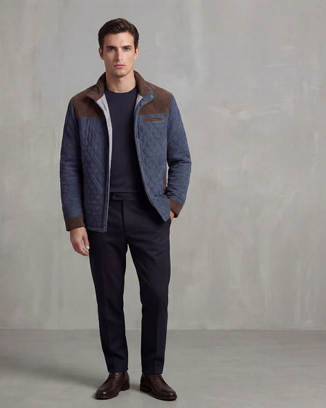 Diamond Quilted Jacket Men's Stand-Up Collar Coffee Blue Smart Casual – Valedrian — view 4