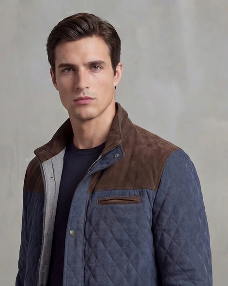 Diamond Quilted Jacket Men's Stand-Up Collar Coffee Blue Smart Casual – Valedrian — view 5