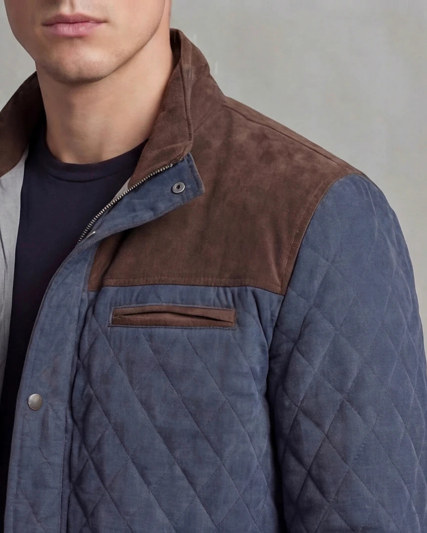 Diamond Quilted Jacket Men's Stand-Up Collar Coffee Blue Smart Casual – Valedrian — view 6