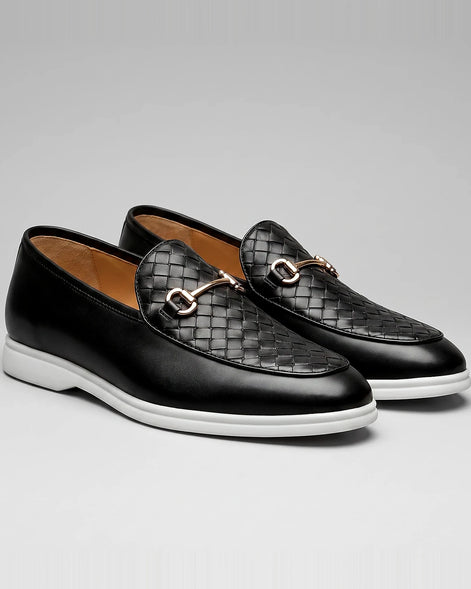 Horsebit Loafers Men Woven PU Leather Slip-On Black - Valedrian