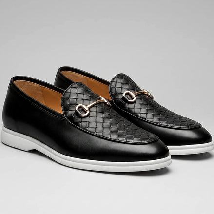 Horsebit Loafers Men Woven PU Leather Slip-On Black - Valedrian