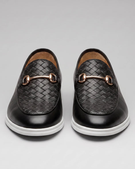Horsebit Loafers Men Woven PU Leather Slip-On Black - Valedrian — view 2