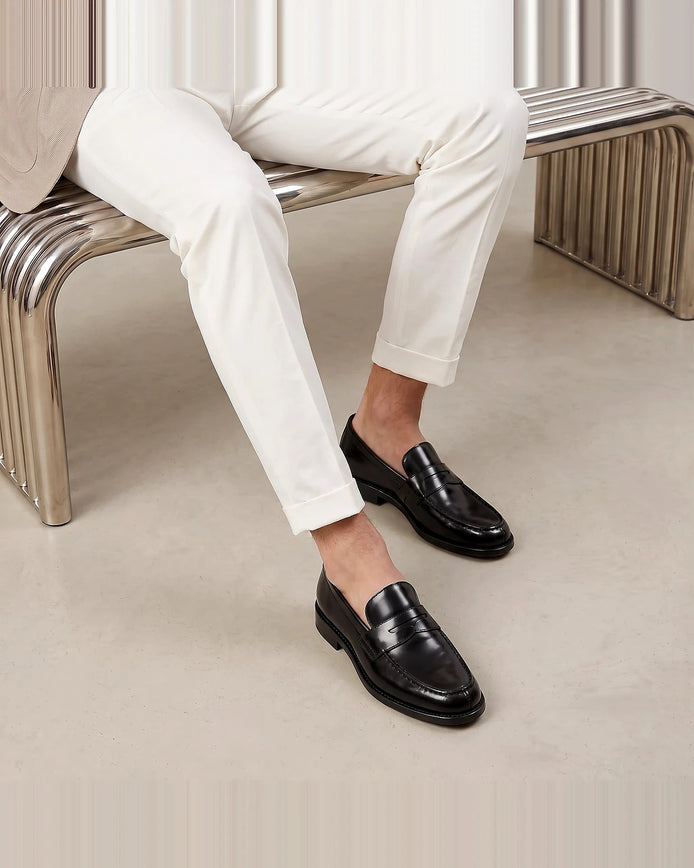 Leather Penny Loafers Men Black Cow Leather Rubber Sole - Valedrian