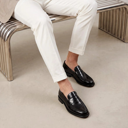 Leather Penny Loafers Men Black Cow Leather Rubber Sole - Valedrian