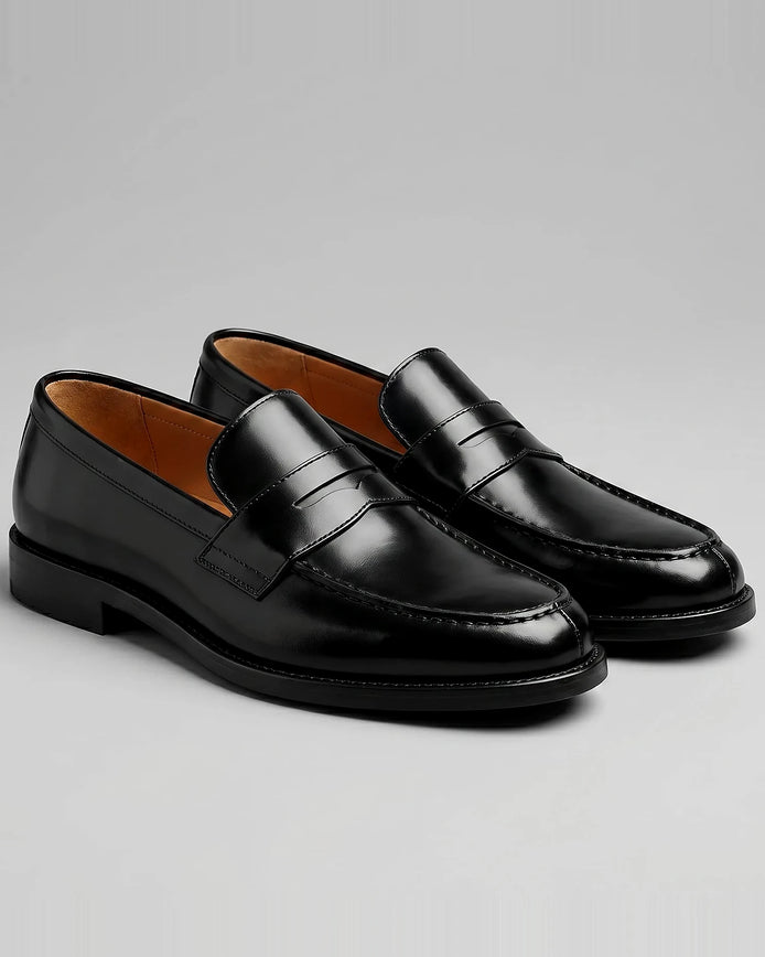 Men's Black Penny Loafers - Soft Cow Leather, Rubber Sole, Sizes 5–9.5 | Valedrian