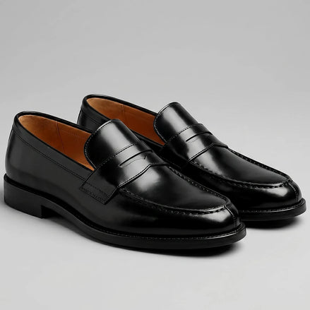 Men's Black Penny Loafers - Soft Cow Leather, Rubber Sole, Sizes 5–9.5 | Valedrian