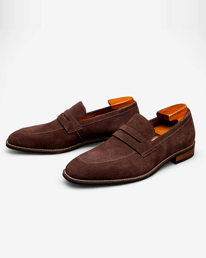 Men's Brown Penny Loafers Cowhide Upper Rubber Sole - Valedrian