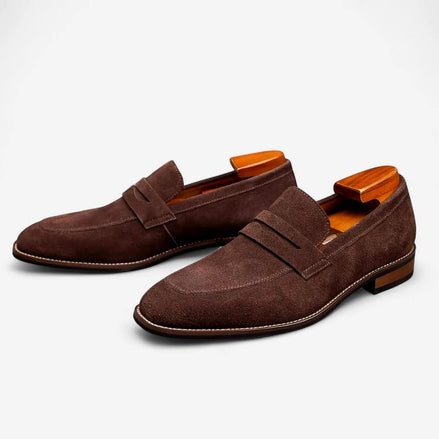 Men's Brown Penny Loafers Cowhide Upper Rubber Sole - Valedrian