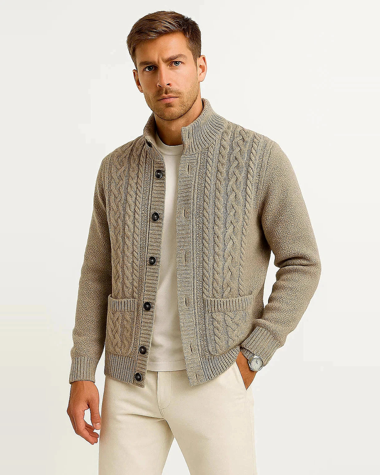 Men's Cable Knit Cardigan | Structured Collar | Textured Jacquard