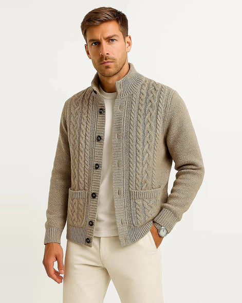 Men's Cable Knit Cardigan | Structured Collar | Textured Jacquard