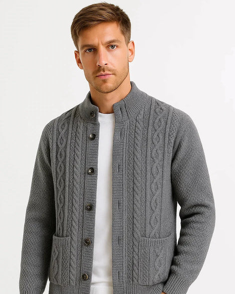 Men's Cable Knit Cardigan | Structured Collar | Textured Jacquard — view 2