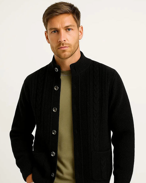 Men's Cable Knit Cardigan | Structured Collar | Textured Jacquard — view 3