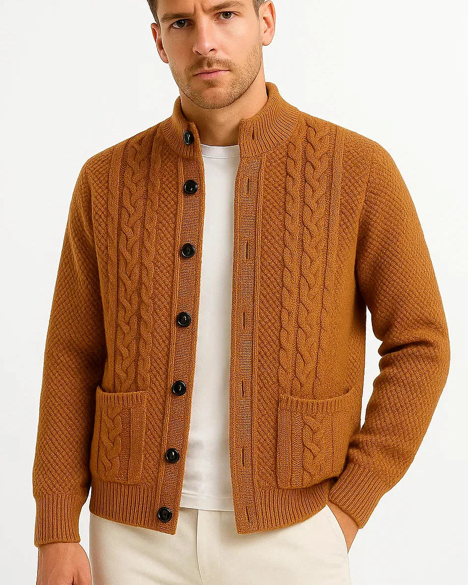 Men's Cable Knit Cardigan | Structured Collar | Textured Jacquard — view 5