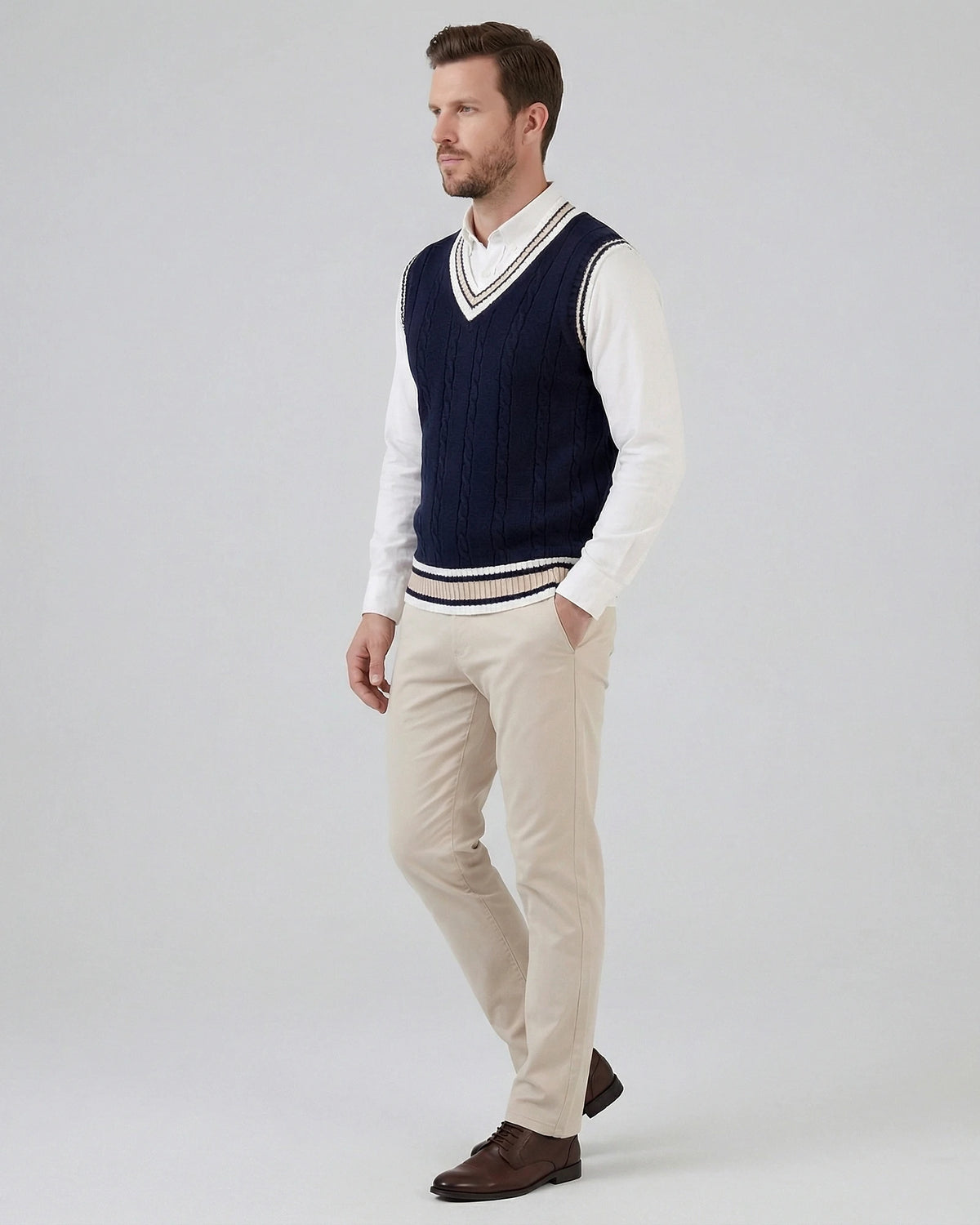 Men's Cable Knit V-Neck Sweater Vest White Sizes XS–4XL – Valedrian — view 2