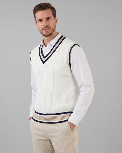 Men's Cable Knit V-Neck Sweater Vest White Sizes XS–4XL – Valedrian — view 6