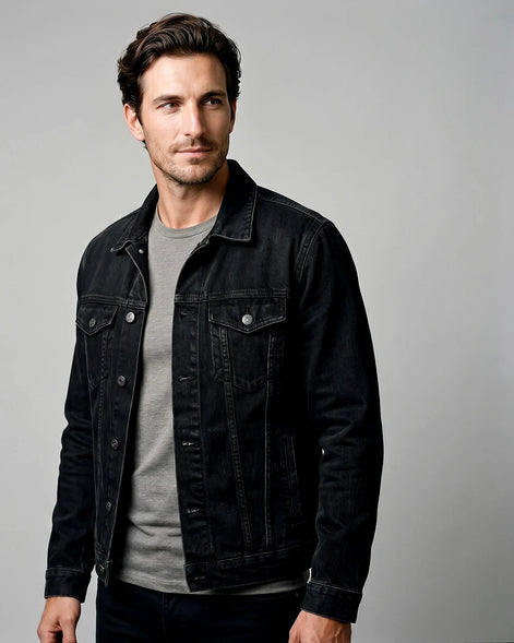 Men's Casual Denim Jacket Classic Fit Black, XS to 2XL - Valedrian