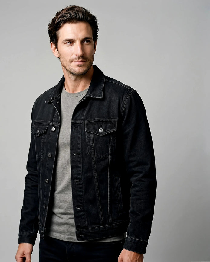 Men's Casual Denim Jacket Classic Fit Black, XS to 2XL - Valedrian