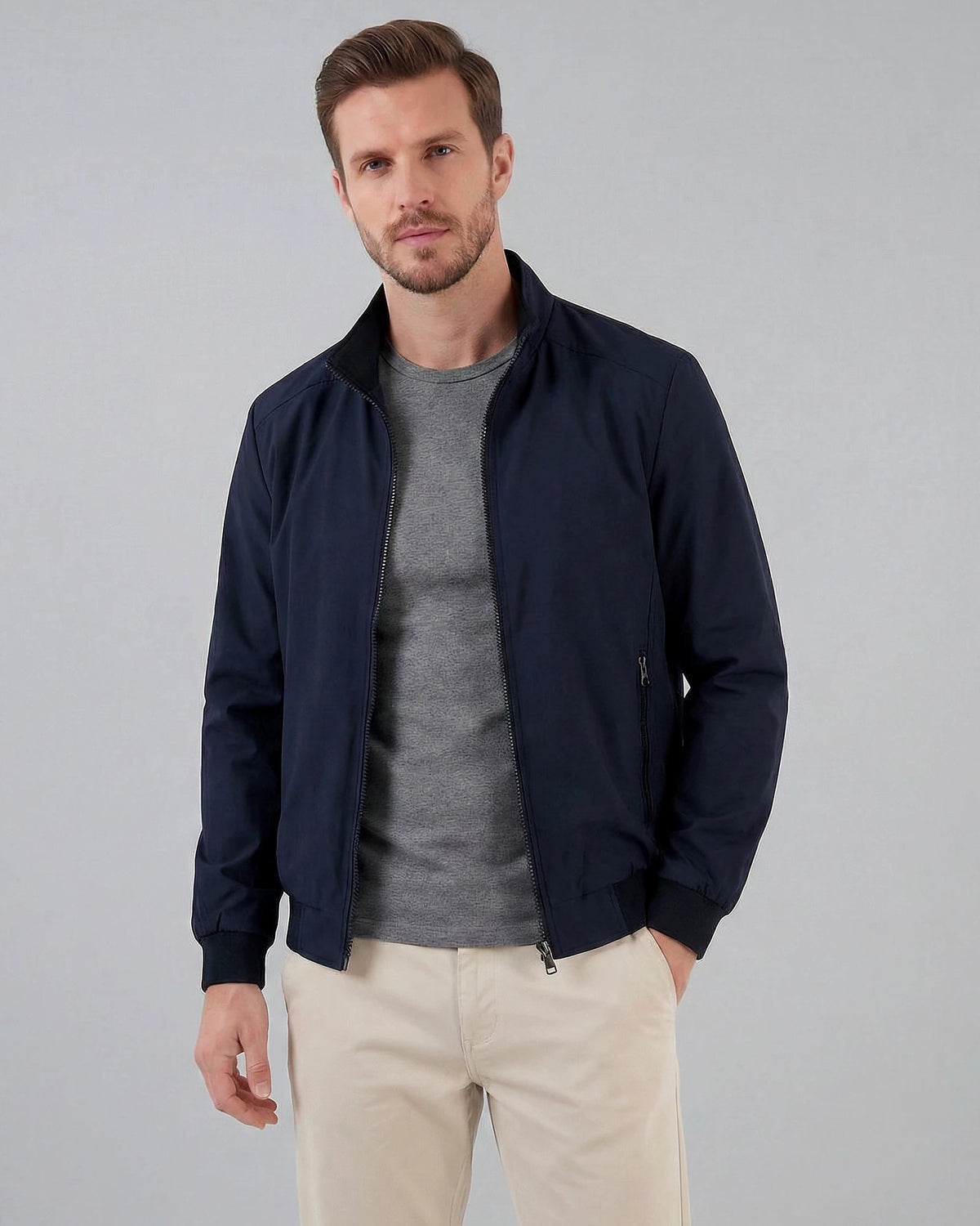 Men's Casual Stand Collar Jacket Black Grey Lightweight - Valedrian — view 11