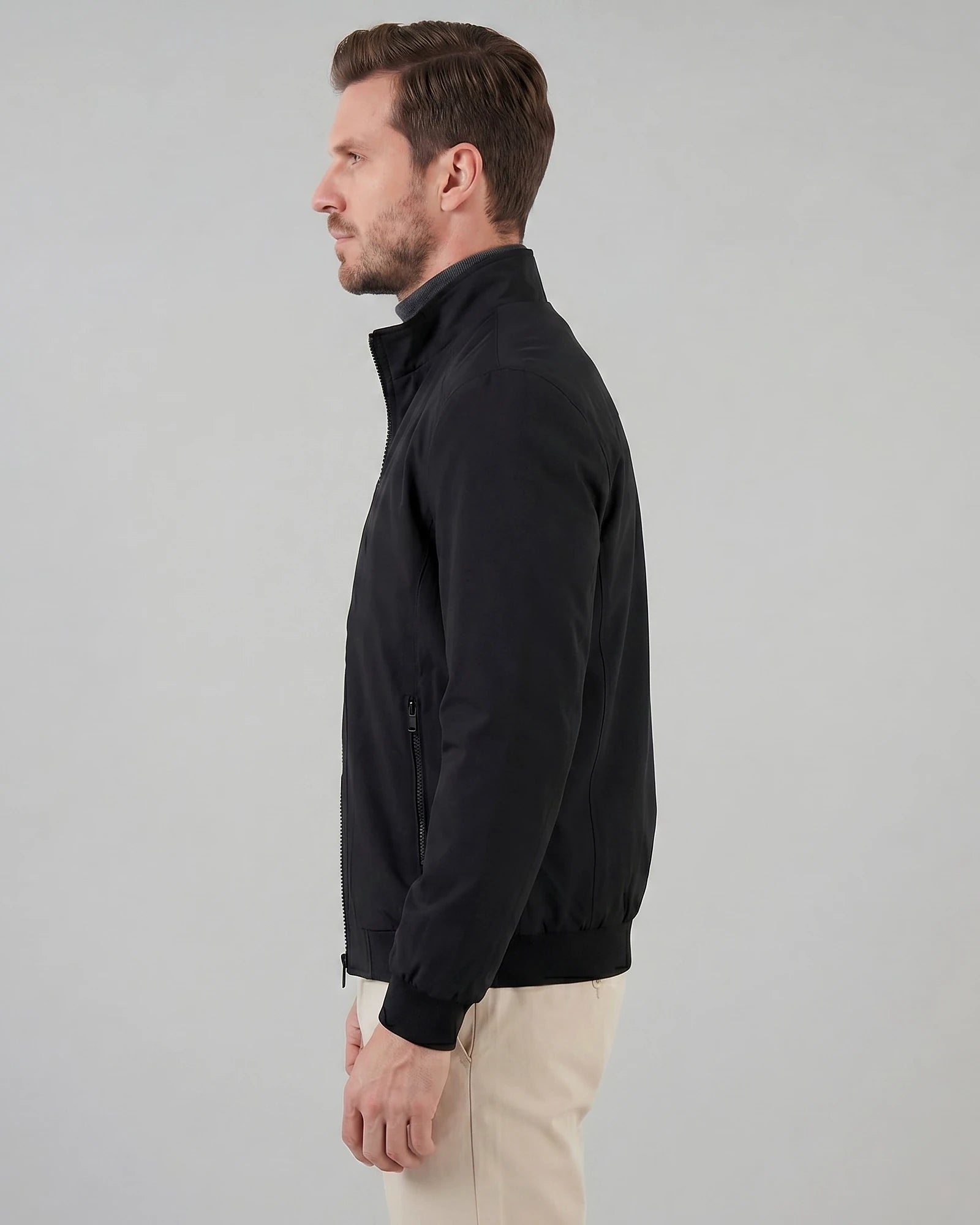 Men's Casual Stand Collar Jacket Black Grey Lightweight - Valedrian — view 2