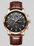Men's Chronograph Moon Phase Dress Watch Rose Gold Case Brown Leather Strap – Valedrian