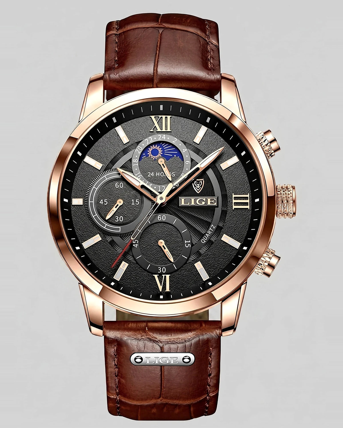 Men's Chronograph Moon Phase Dress Watch Rose Gold Case Brown Leather Strap – Valedrian