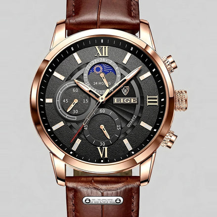 Men's Chronograph Moon Phase Dress Watch Rose Gold Case Brown Leather Strap – Valedrian