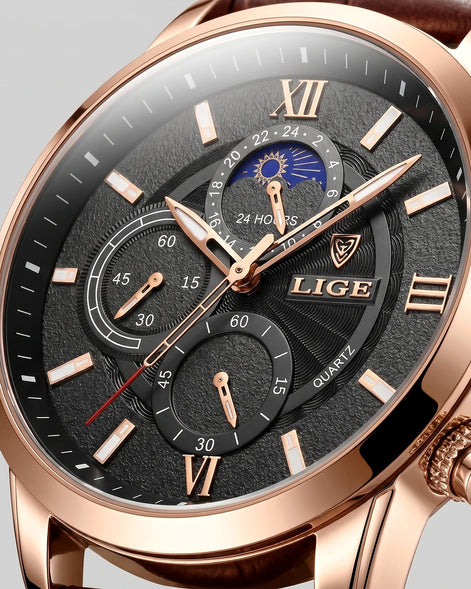 Men's Chronograph Moon Phase Dress Watch Rose Gold Case Brown Leather Strap – Valedrian — view 4