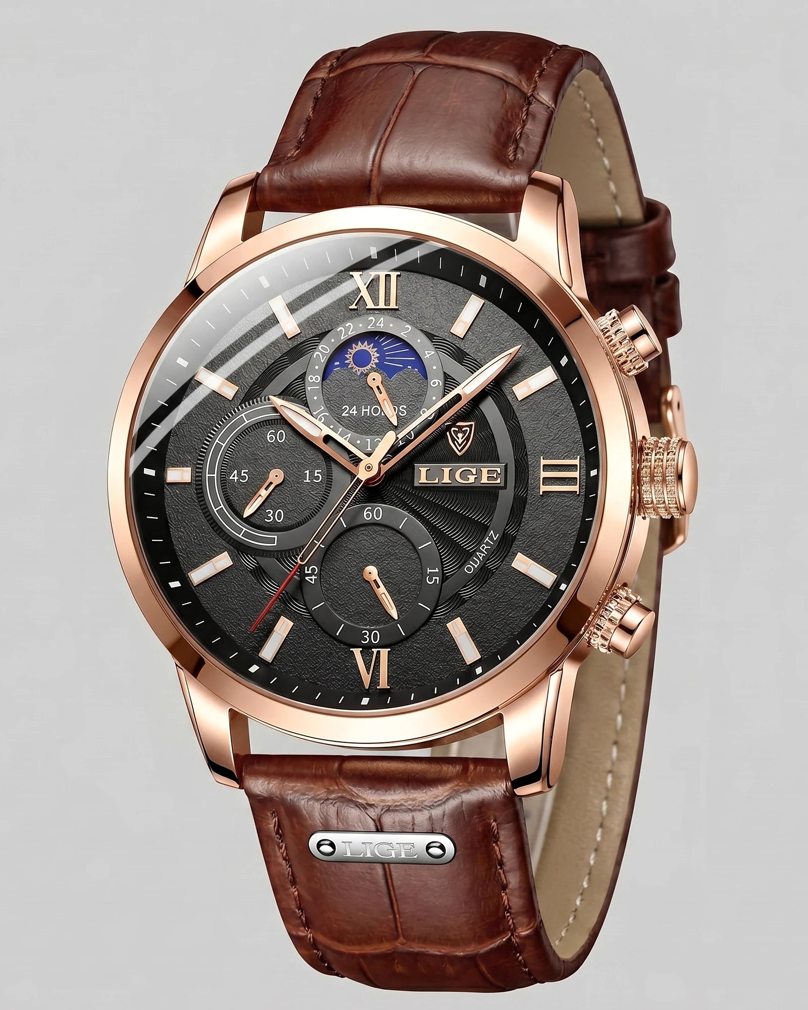 Men's Chronograph Moon Phase Dress Watch Rose Gold Case Brown Leather Strap – Valedrian — view 5
