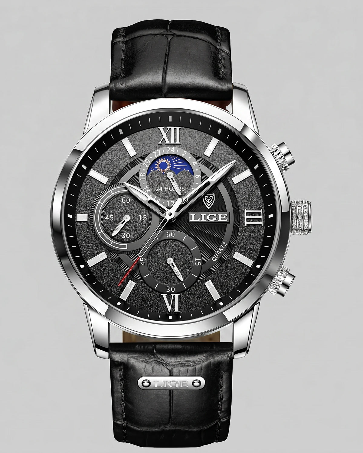 Men's Chronograph Moon Phase Dress Watch Rose Gold Case Brown Leather Strap – Valedrian — view 6