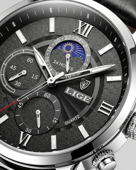 Men's Chronograph Moon Phase Dress Watch Rose Gold Case Brown Leather Strap – Valedrian — view 9