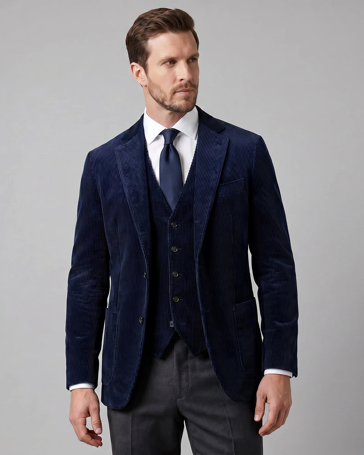 Men's Corduroy Blazer with Matching Vest Casual Jacket Black - Valedrian — view 11