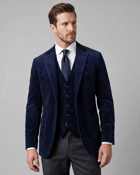 Men's Corduroy Blazer with Matching Vest Casual Jacket Black - Valedrian — view 11