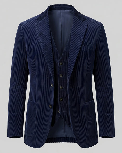 Men's Corduroy Blazer with Matching Vest Casual Jacket Black - Valedrian — view 14