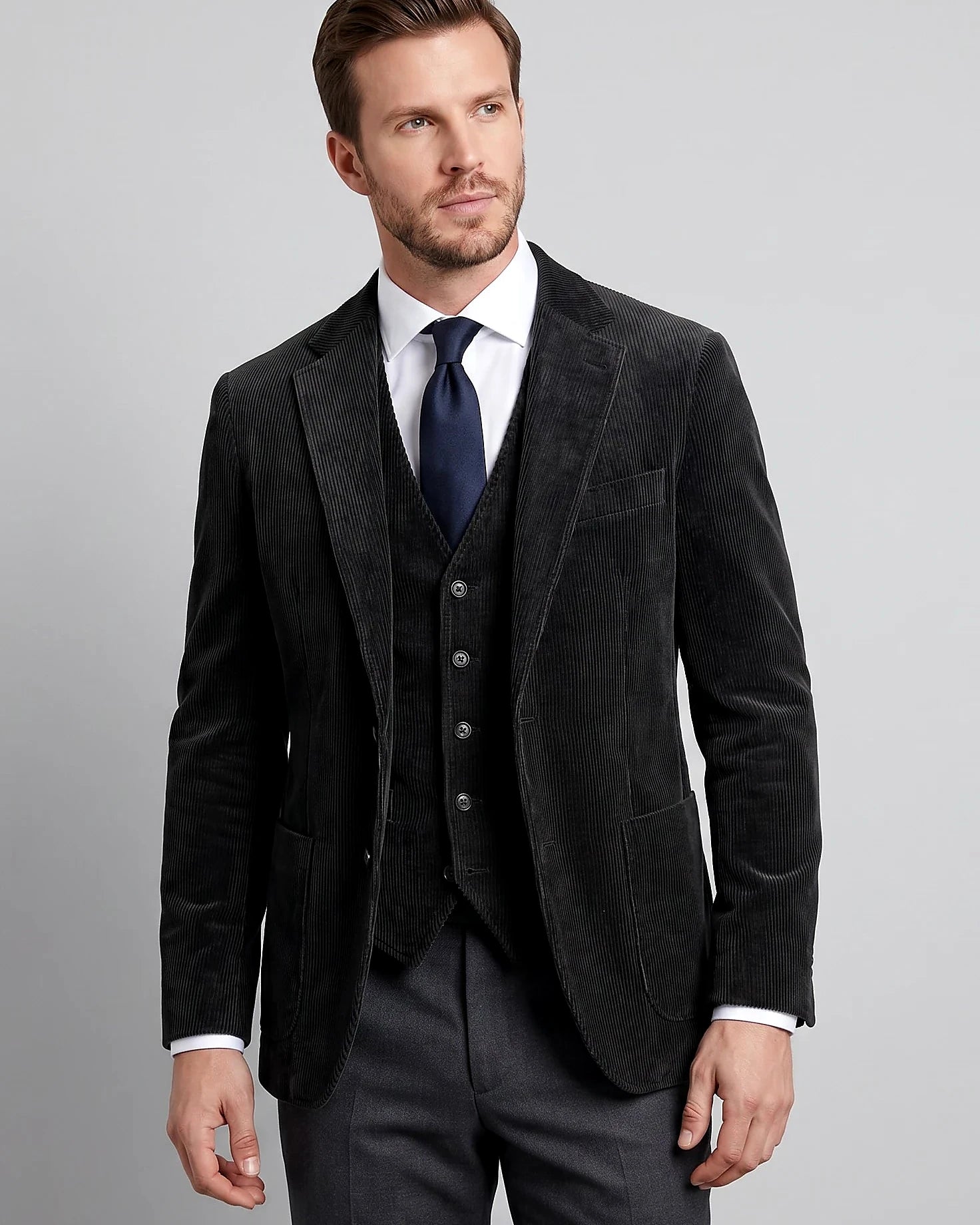 Men's Corduroy Blazer with Matching Vest Casual Jacket Black - Valedrian
