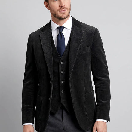 Men's Corduroy Blazer with Matching Vest Casual Jacket Black - Valedrian