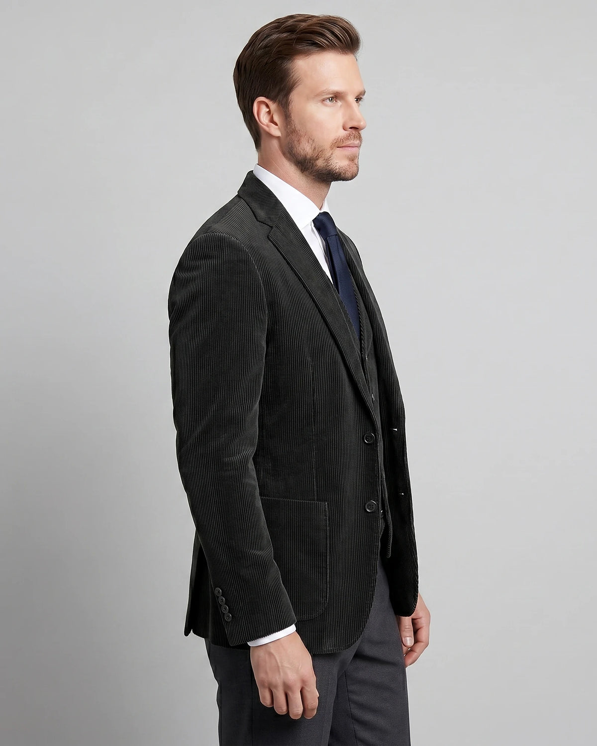 Men's Corduroy Blazer with Matching Vest Casual Jacket Black - Valedrian — view 2